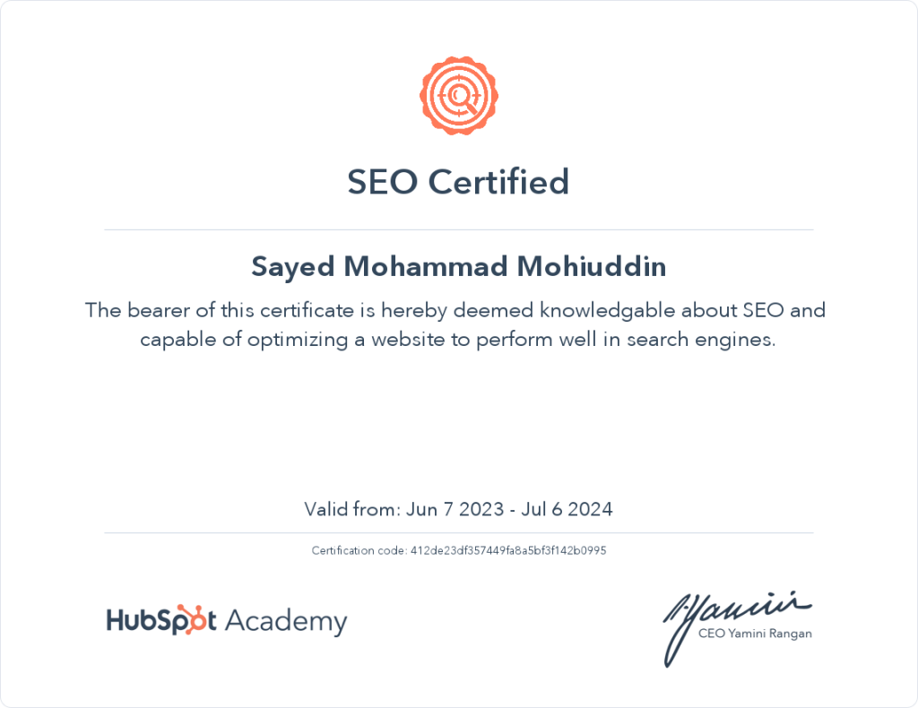 hubspot SEO Certified mohiuddin Omran